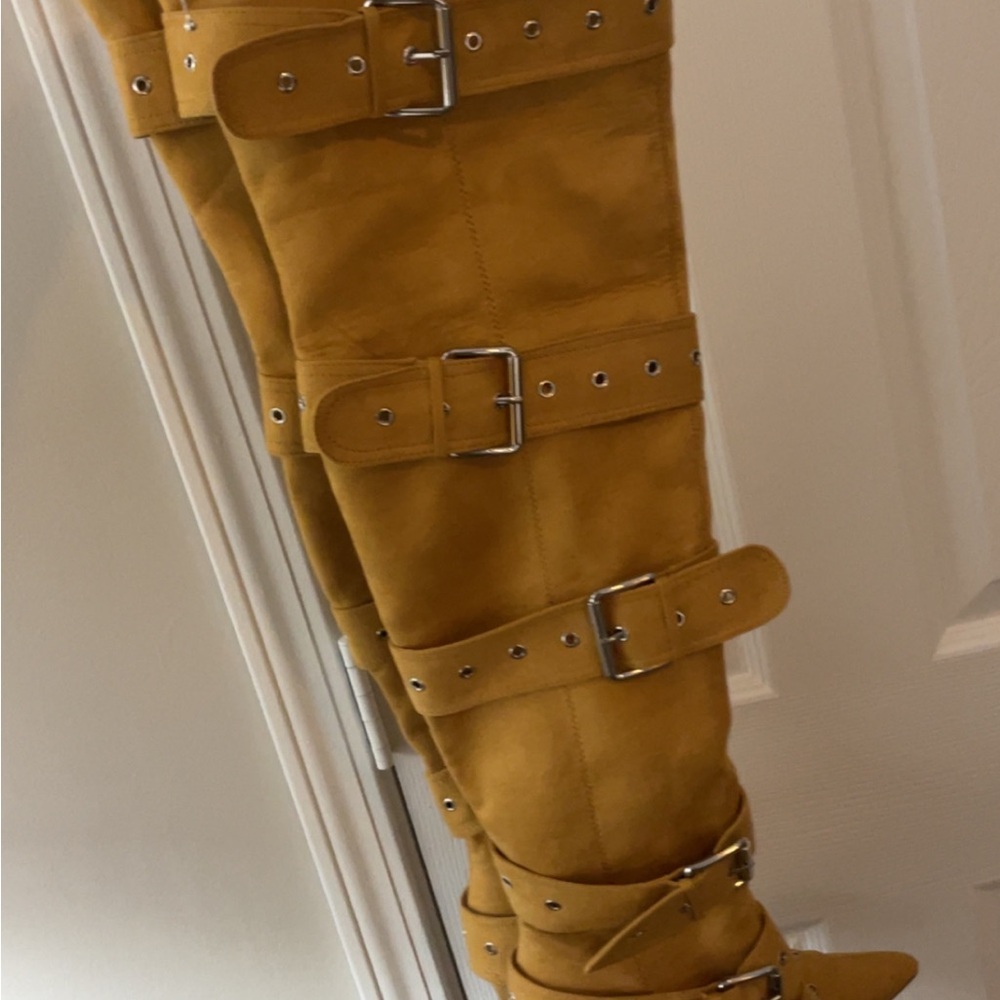 Tan Over the Knee Boots with Multiple Buckles and Slouchy Fit